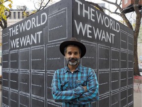 Robindra Mohar is one of the organizers of the World We Want project. The art display is designed to let the public write their vision for the future on a chalkboard art installation in front of the Winspear Centre in downtown Edmonton.