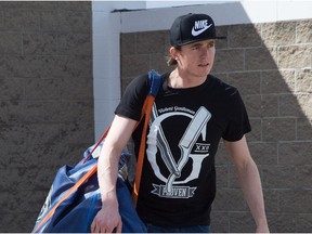 Edmonton Oilers goalie Ben Scrivens heads out afterlocker clean out day at Rexall Placeo n April 12, 2015.