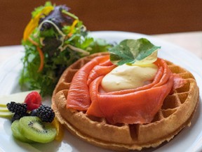 The savoury smoked salmon Belgian waffle is one of Under the High Wheel's top brunch items.