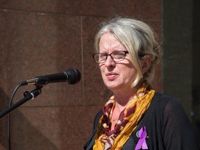 Petra Schulz, whose son Danny died of a drug overdose, speaks at Streetworks' 7th annual commemorative event for International Overdose Awareness Day on August 31, 2015. Streetworks has been operating an Overdose Prevention program since 2005.