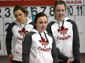 Skip Kelsey Rocque (middle) and some of her teammates playing an exhibition game at Saville Centre in Edmonton, February 21, 2015. Rocque's Canadian junior women's curling championship team, is heading to the world championships next week.