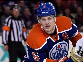 Edmonton Oilers Mark Fayne (5) against the Pittsburgh Penguins during NHL action at Rexall Place in Edmonton on Feb. 4, 2015.