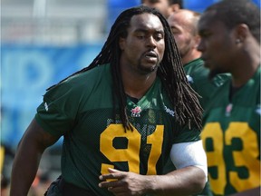 Marcus Howard (91) at the Eskimos practice at Clarke Field in Edmonton, July 21, 2015.