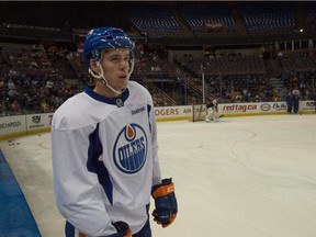 Connor McDavid during an on-ice session of the 2015 orientation camp for young prospects within the Oilers organization, a six day rookie development camp in Edmonton in July 2015.