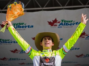Bauke Mollema of the Netherlands celebrates after winning the overall title in the Tour of Alberta cycling race, which concluded  in Edmonton on Sept 7, 2015.