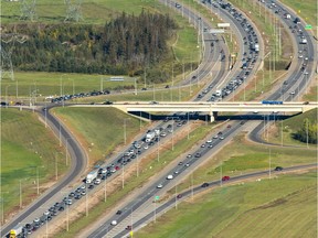 An aerial view of Anthony Henday Dr. around 111 St. and Gateway Blvd. during rush hour traffic in Edmonton on Sept. 10, 2015.