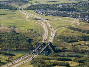 An aerial view of the Anthony Henday Drive bridge crossing the North Saskatchewan River in southwest Edmonton.