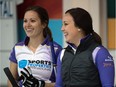 Two-time world junior women's curling champion Kelsey Rocque, right, and third Laura Crocker share a laugh during the recent Shoot-Out bonspiel at the Saville Community Sports Centre on Sept. 17, 2015.