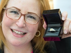 Paris Jewellers has introduced a ring cam box that records the recipient of an engagement ring during the proposal. Erin Hazen, marketing manager of Paris Jewellers, with the ring cam in Edmonton, September 24, 2015.