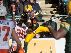Edmonton Eskimos receiver Derel Walker catches this pass for the game-winning touchdown in a CFL game against the B.C. Lions on Sept. 26, 2015, at Commonwealth Stadium.