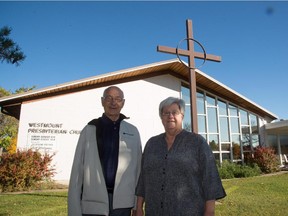Les Young (left) and Annabelle Wallace in front of the Westmount Presbyterian Church, which is donating its site for a new, smaller building and 16 units of non-profit housing for large families that will have approximately net zero carbon emissions.