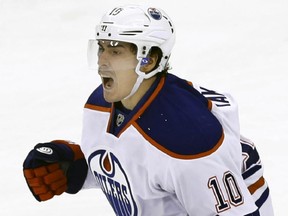 Edmonton Oilers right wing Nail Yakupov (10), of Russia, celebrates his goal during the second period of an NHL hockey game against the New Jersey Devils  Monday, Feb. 9, 2015, in Newark, N.J.
