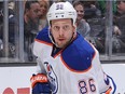 Nikita Nikitin of the Edmonton Oilers handles the puck during a game against the Los Angeles Kings at STAPLES Center on Apr. 2, 2015, in Los Angeles.