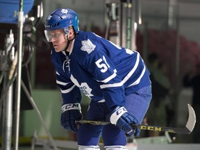 Toronto Maple Leafs' Jake Gardiner takes part in a promotional video shoot in Toronto on Sept. 17, 2015.