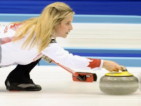 Canada's skip Jennifer Jones releases the rock as the team plays Scotland during the fifth end in the women's World Curling Championships in Sapporo, northern Japan, Sunday, March 15, 2015.