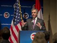 In this February 2015 file photo, then-Premier Jim Prentice gestures during his keynote address to the U.S. Chamber of Commerce in Washington, D.C.