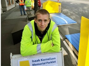 Jonathan Behnke helped set up a parklet, a one-day public space memorial on Whyte Avenue, just east of 102nd Street, in memory of 21-year-old cyclist Isaak Kornelsen, who was killed Aug. 27, 2012 while cycling in Old Strathcona. Conrad Nobert is calling for speeds to be reduced to 30 km/h along the avenue’s 10 busiest blocks.