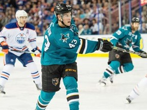 San Jose Sharks defenceman Taylor Fedun plays against the Edmonton Oilers in an NHL game at Rexall Place on April 9, 2015.