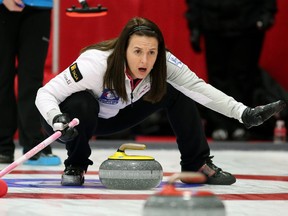 Skip Heather Nedohin watches a rock during game action against Team Kleibrink at the Women's Provincials Curling Championship in Lacombe, Alberta on January 22, 2015.