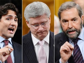 Left to right, Liberal Leader Justin Trudeau, Conservative Leader Stephen Harper and NDP Leader Tom Mulcair.