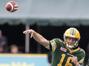 Edmonton Eskimos quarterback Matt Nichols (16) makes the throw against the Hamilton Tiger-Cats during first half CFL action in Edmonton, Alta., on Friday August 21, 2015. The Winnipeg Blue Bombers acquired Nichols from the Edmonton Eskimos on Wednesday for a conditional seventh-round 2017 draft pick.