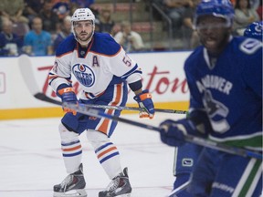 Mitchell Moroz of the Edmonton Oilers plays against the Vancouver Canucks  during a Young Stars Classic game Friday, Sept. 11, 2015, at the South Okanagan Events Centre in Penticton, B.C.