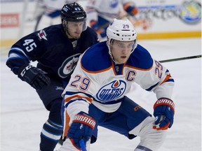 Leon Draisaitl of the Edmonton Oilers prospects plays against the Winnipeg Jets  at the South Okanagan Events Centre in Penticton on Sept. 14, 2015.