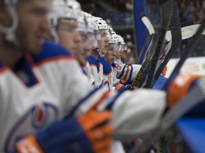Edmonton Oilers rookies wait for their next shift against the Winnipeg Jets at the South Okanagan Events Centre in Penticton, B.C., on Monday, Sept. 14, 2015.