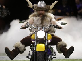 Minnesota Vikings mascot Ragnar the Viking rides onto the field before an NFL football game in 2012 between the Vikings and the Detroit Lions in Minneapolis. The Vikings said on Sept. 21, 2015, their contract with Joe Juranitch, the man who played Ragnar, expired during the offseason.