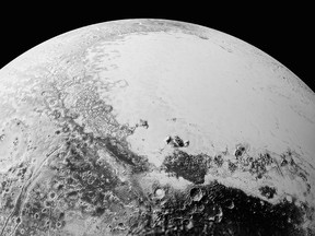 This image courtesy of NASA, Johns Hopkins University Applied Physics Laboratory and Southwest Research Institute shows the surface of Pluto. According to NASA, this synthetic perspective view of Pluto, based on the latest high-resolution images to be downlinked from NASAs New Horizons spacecraft, shows what you would see if you were approximately  1,800 kilometres above Pluto's equatorial area.