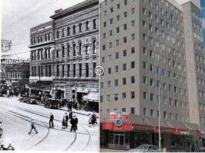 The Empire Building, old and new, located on the northeast corner of 101st Street and Jasper Avenue in Edmonton.
