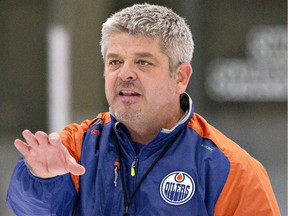 Edmonton Oilers head coach Todd McLellan directs a drill during training camp in Leduc, Alta., on Friday, Sept. 18, 2015.