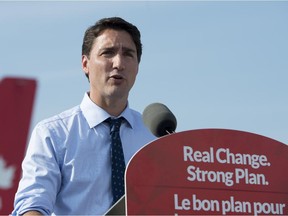 Liberal Leader Justin Trudeau makes an announcement during a federal election campaign stop in Mississauga, Ont. Monday, Sept, 7 2015.