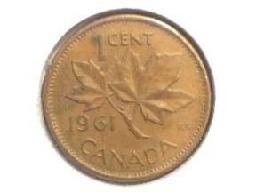 UPLOADED BY: Chris Zdeb ::: EMAIL: czdeb:: PHONE: 780 429-5226 ::: CREDIT: Supplied ::: CAPTION: back side of 1961 Canadian penny