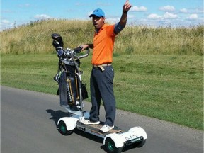 UPLOADED BY: curtis stock ::: EMAIL: cstock:: PHONE: 780-919-8143 ::: CREDIT: Severyn Walker ::: CAPTION: Photo of Adil Vasanji riding a GolfBoard - a four-wheeled individual golf scooter