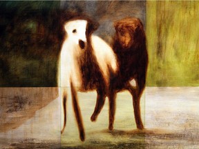 Detail of Greg Edmonson's Dogs After Muybridge, oil on linen, 36 by 36 inches, up at Bugera Matheson Gallery