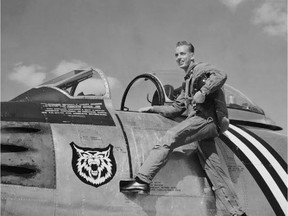 Bob Morgan, now 85, is pictured in his RCAF days when he pulled a fellow pilot to safety from a crashed fighter jet that was in flames. He was awarded the George Medal for his bravery. Morgan, who logged 10,500 flying hours, will be at all events this week commemorating the RCAF's century-long connection with Edmonton.