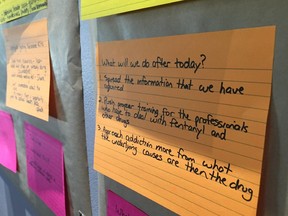 People at the Clean Scene Network for Youth's fentanyl symposium Friday posted ideas about what should be done to curb the spread of the synthetic opiate in Alberta.