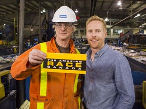Amazing Race Canada host Jon Montgomery, right, and a worker at the Edmonton Waste Management Centre.
