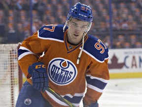 Edmonton Oilers' Connor McDavid (97) skates during warm up before playing against the St. Louis Blues in NHL action on Thursday Oct 15, 2015.