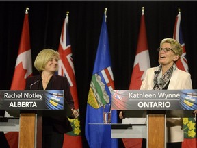 From left, Alberta Premier Rachel Notley and Ontario Premier Kathleen Wynne during a media availability at Queen's Park in Toronto on Oct. 1, 2015.