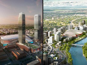 Artist renderings of Edmonton's Rogers Place arena, left, and CalgaryNext, right.