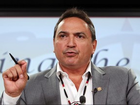 Assembly of First Nations National Chief Perry Bellegarde holds a news conference to outline the AFN's priorities for the upcoming federal election, in Ottawa on Sept. 2,   2015.
