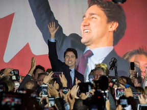 Liberal Leader Justin Trudeau arrives onstage in Montreal on Oct. 20, 2015 after winning a majority government.