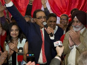 Liberal candidate Amarjeet Sohi celebrates his victory in the Edmonton-Mill Woods riding on October 20, 2015.