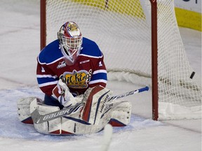 Edmonton Oil Kings goaltender Patrick Dea makes a save against the Kelowna Rockets during first period WHL action on Oct. 2, 2015 in Edmonton.