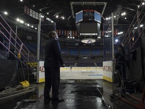 George Waselenchuk, Operations Manager, has been working at Rexall Place for over 30 years, in a variety of posts. Here he is photographed in the Zamboni tunnel at ice level.