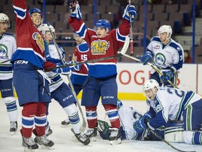 The Edmonton Oil Kings celebrate a goal against the Swift Current Broncos at Rexall Place on Sunday, Oct. 4, 2015. The Oil Kings won 3-2 in overtime.