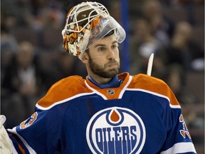 EDMONTON, AB. SEPTEMBER 21, 2015 - Cam Talbot of the Edmonton Oilers, playing the Calgary Flames at Rexall Place.  Shaughn Butts/Edmonton Journal