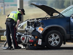 Police investigate after a motorcyclist died in a July collision on Anthony Henday Drive.  Traffic fatalities are up this year over last.